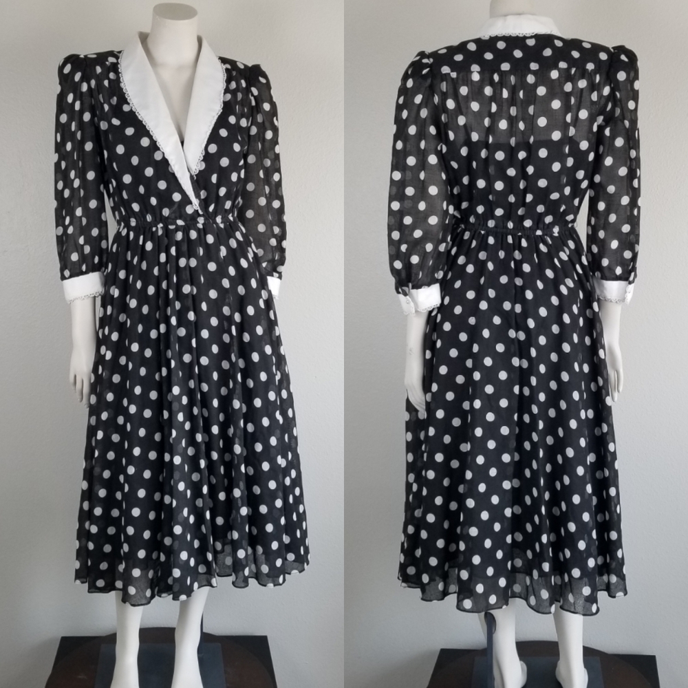 Vintage 70s Act 1 Wednesday Goth Polkadot Black and White Midi Dress Size 3/4